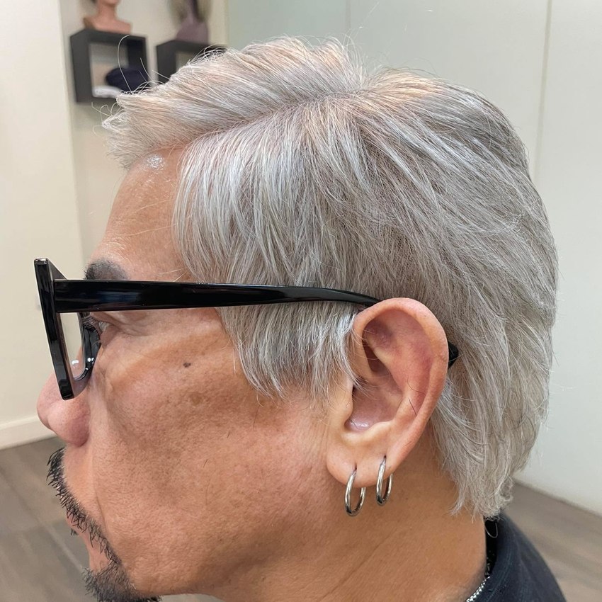 Real HEADS client — styled grey hair system, natural at every angle